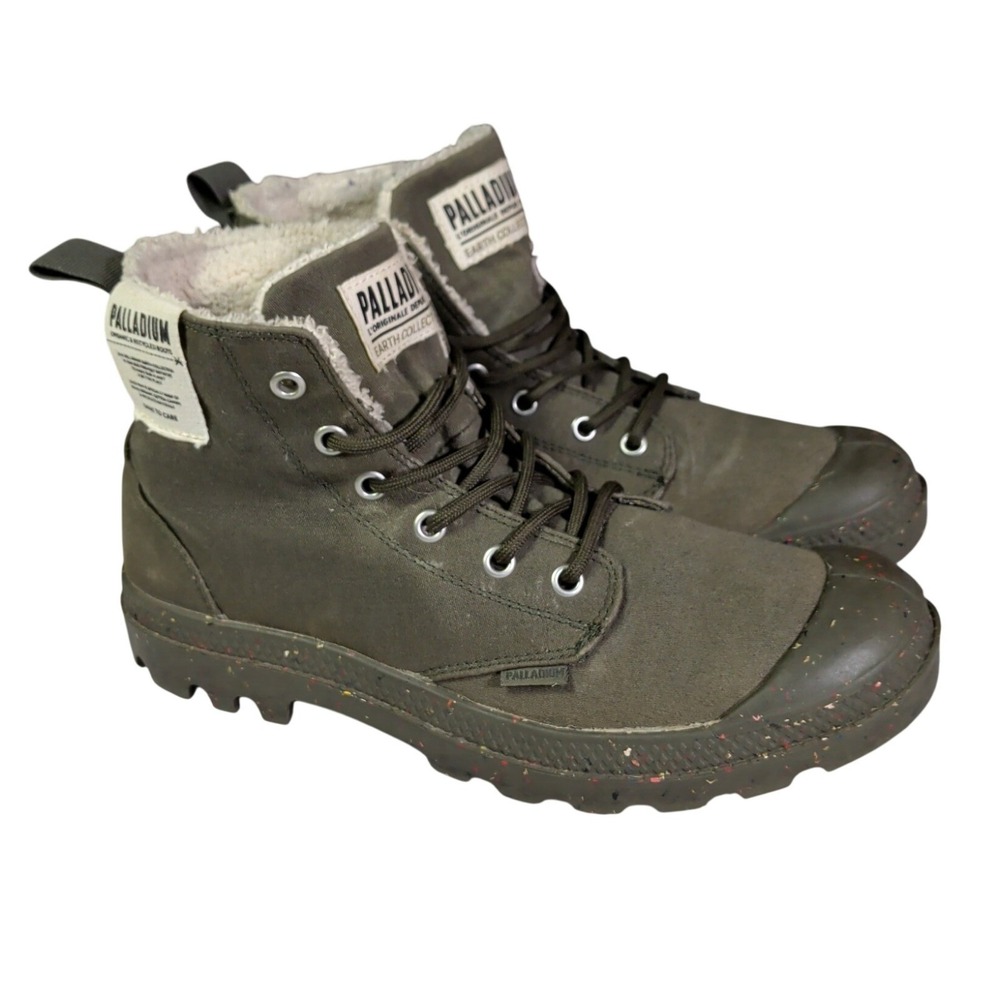 Palladium Pampa Hi Combat Boots Womens Size 9 Olive Green Canvas Faux Fur Lined